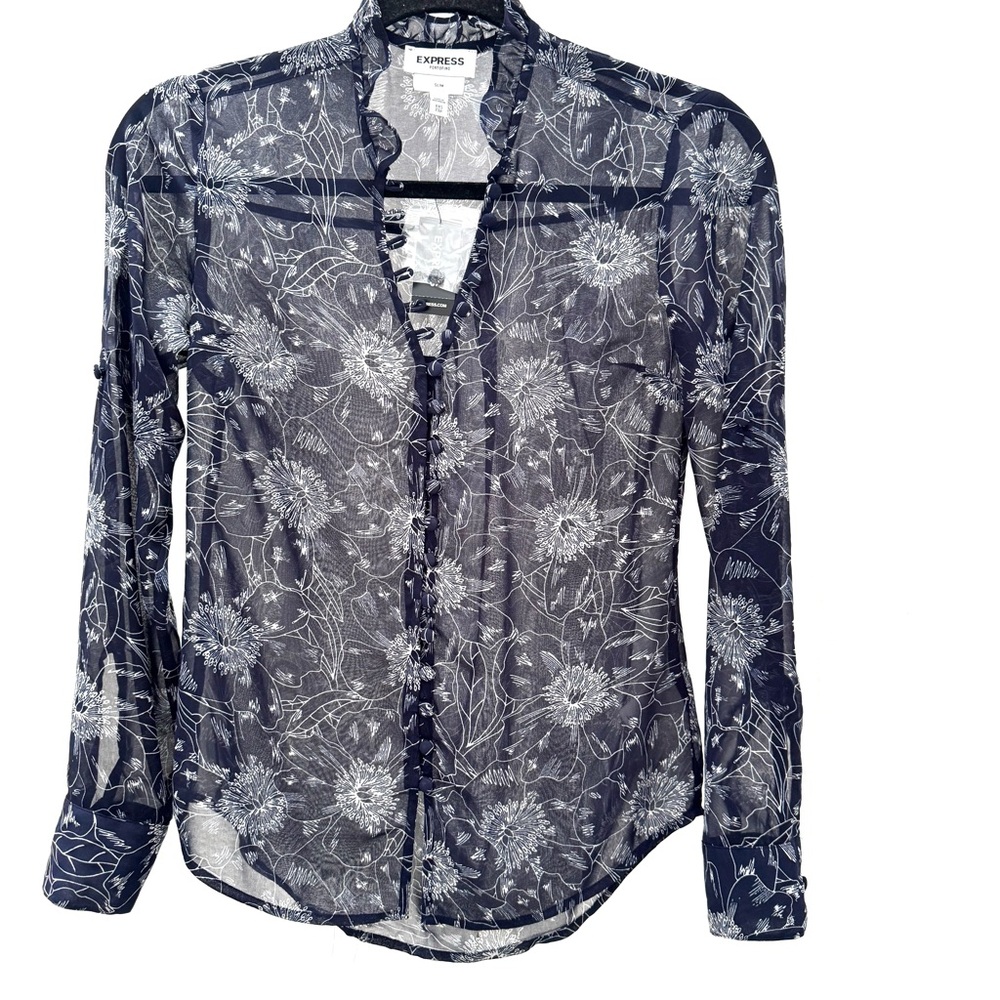 Express Slim Fit Sheer Navy Blue Floral Portofino Shirt Size XXS